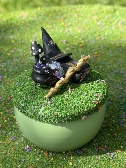 Metal Jar Candle with Witch Miniature Scene
